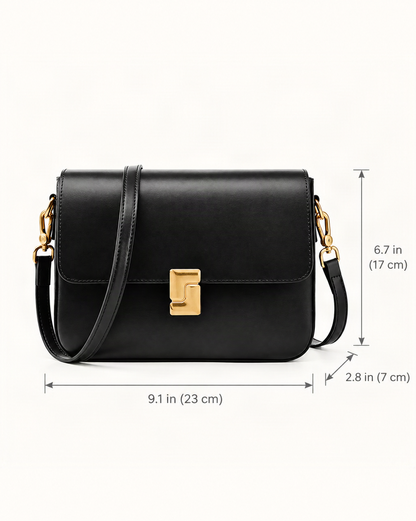 Cowhide Leather Small Crossbody Bag with Turn-Lock Closure dimensions diagram, in inches and centimetres