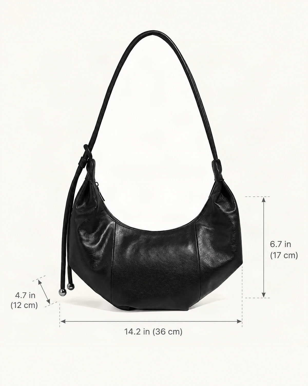 Top-Grain Cowhide Crescent Hobo Bag, Soft Crescent Crossbody dimensions diagram, in inches and centimetres