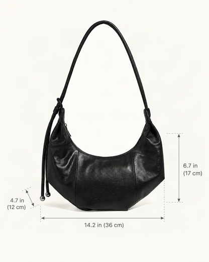 Top-Grain Cowhide Crescent Hobo Bag, Soft Crescent Crossbody dimensions diagram, in inches and centimetres