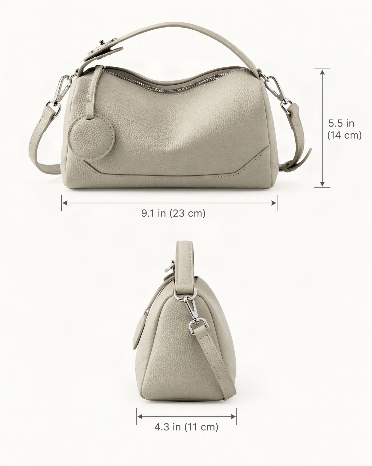 Cowhide Leather Small Boston Bag – Top-Handle Crossbody dimensions diagram, in inches and centimetres