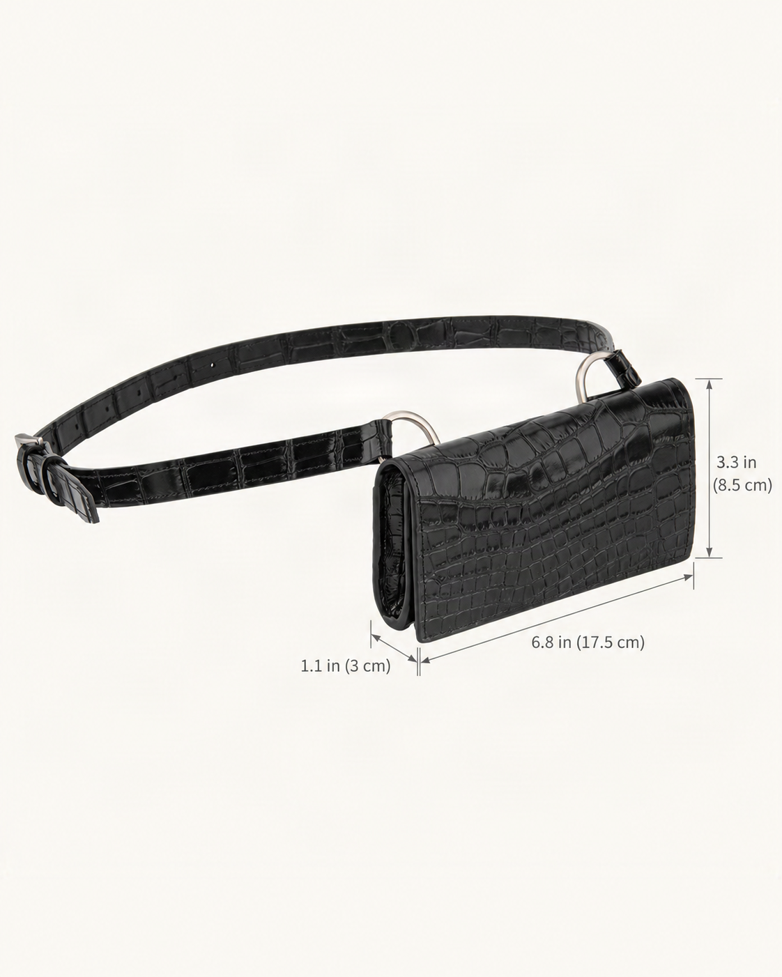 Split Cowhide Croc-Embossed Belt Bag dimensions diagram, in inches and centimetres