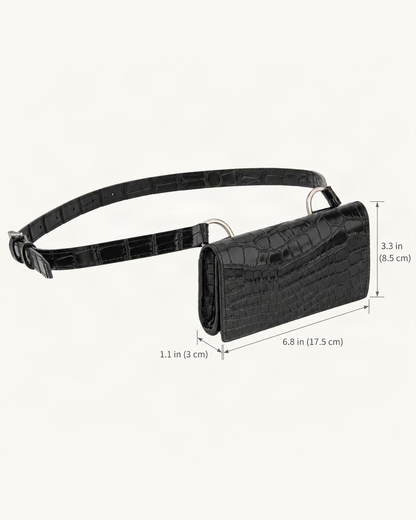 Split Cowhide Croc-Embossed Belt Bag dimensions diagram, in inches and centimetres