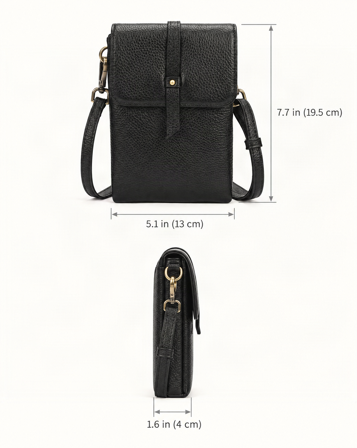 Cowhide Leather Micro Crossbody Phone Bag dimensions diagram, in inches and centimetres