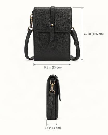 Cowhide Leather Micro Crossbody Phone Bag dimensions diagram, in inches and centimetres