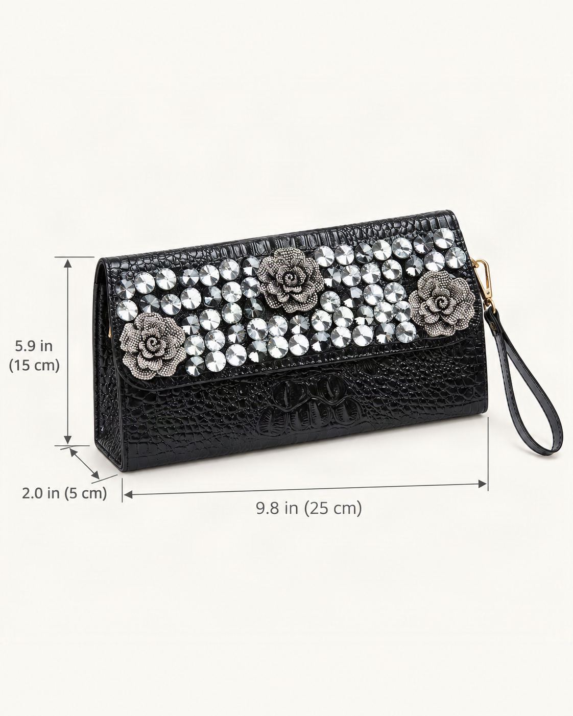 Split Leather Embellished Clutch dimensions diagram, in inches and centimetres