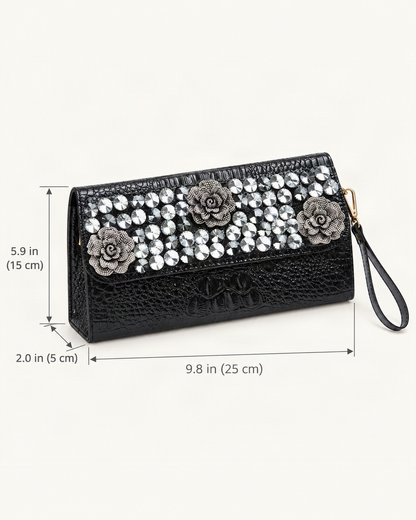 Split Leather Embellished Clutch dimensions diagram, in inches and centimetres