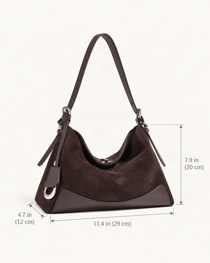 Split Suede Shoulder Tote Bag dimensions diagram, in inches and centimetres