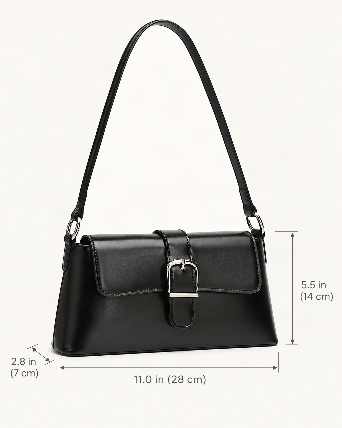 Genuine Leather Baguette Shoulder Bag with Metal Buckle dimensions diagram, in inches and centimetres
