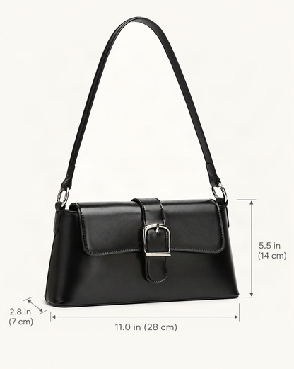 Genuine Leather Baguette Shoulder Bag with Metal Buckle dimensions diagram, in inches and centimetres