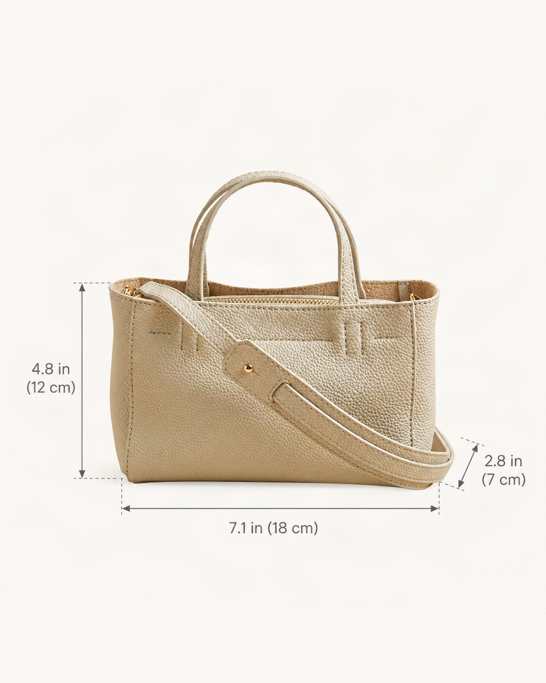 Top-Grain Cowhide Mini Tote Bag – Color Options dimensions diagram, in inches and centimetres