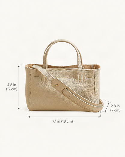 Top-Grain Cowhide Mini Tote Bag – Color Options dimensions diagram, in inches and centimetres