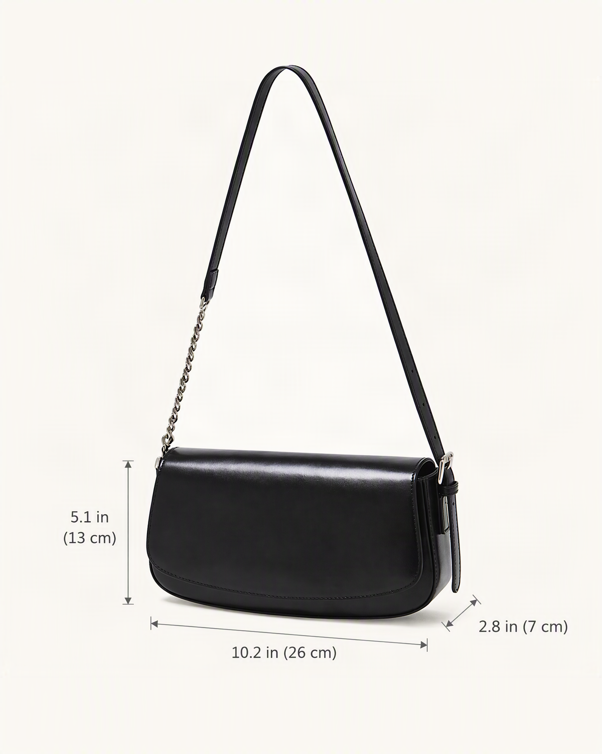 Cowhide Leather Baguette Saddle Shoulder Bag dimensions diagram, in inches and centimetres