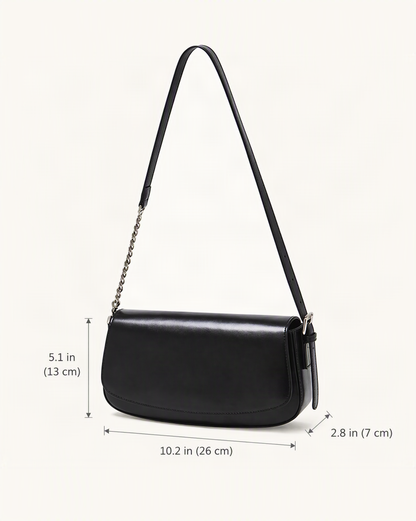 Cowhide Leather Baguette Saddle Shoulder Bag dimensions diagram, in inches and centimetres