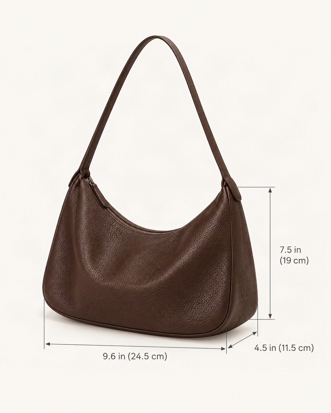 Top-Grain Cowhide Shoulder Hobo Bag dimensions diagram, in inches and centimetres
