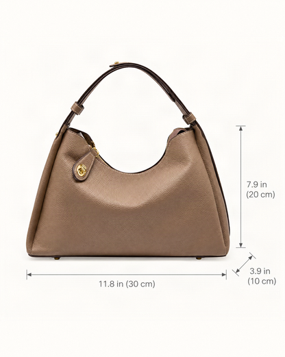 Cowhide Leather Small Plus Shoulder Bag dimensions diagram, in inches and centimetres