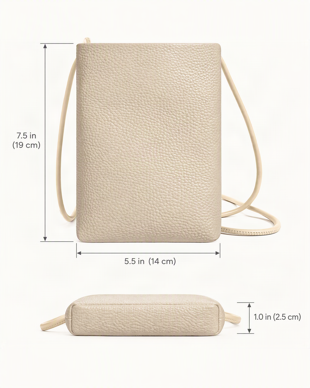 Cowhide Leather Micro Crossbody Phone Bag – Color Options dimensions diagram, in inches and centimetres