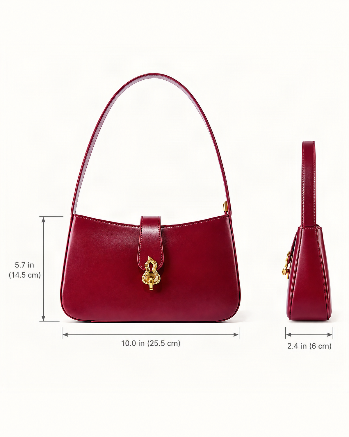 Cowhide Leather Small Shoulder Bag with Gourd Lock Clasp dimensions diagram, in inches and centimetres