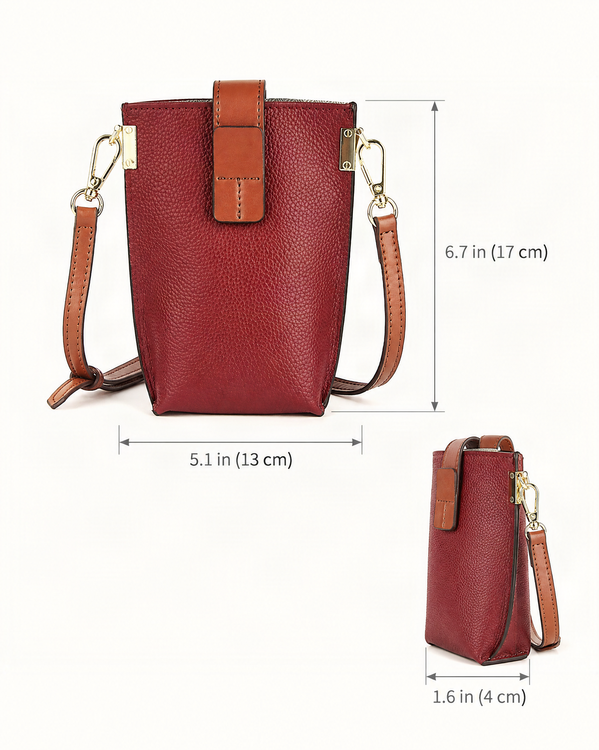 Cowhide Micro Crossbody Phone Bag dimensions diagram, in inches and centimetres