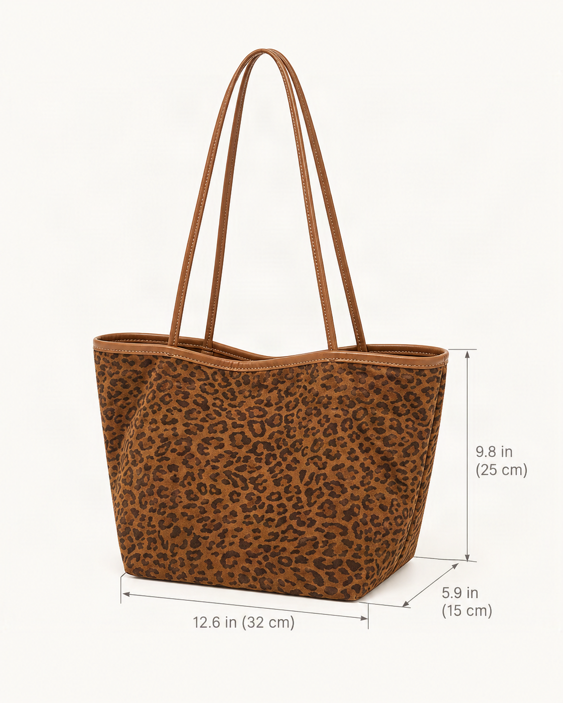 Suede Bucket Tote Bag dimensions diagram, in inches and centimetres