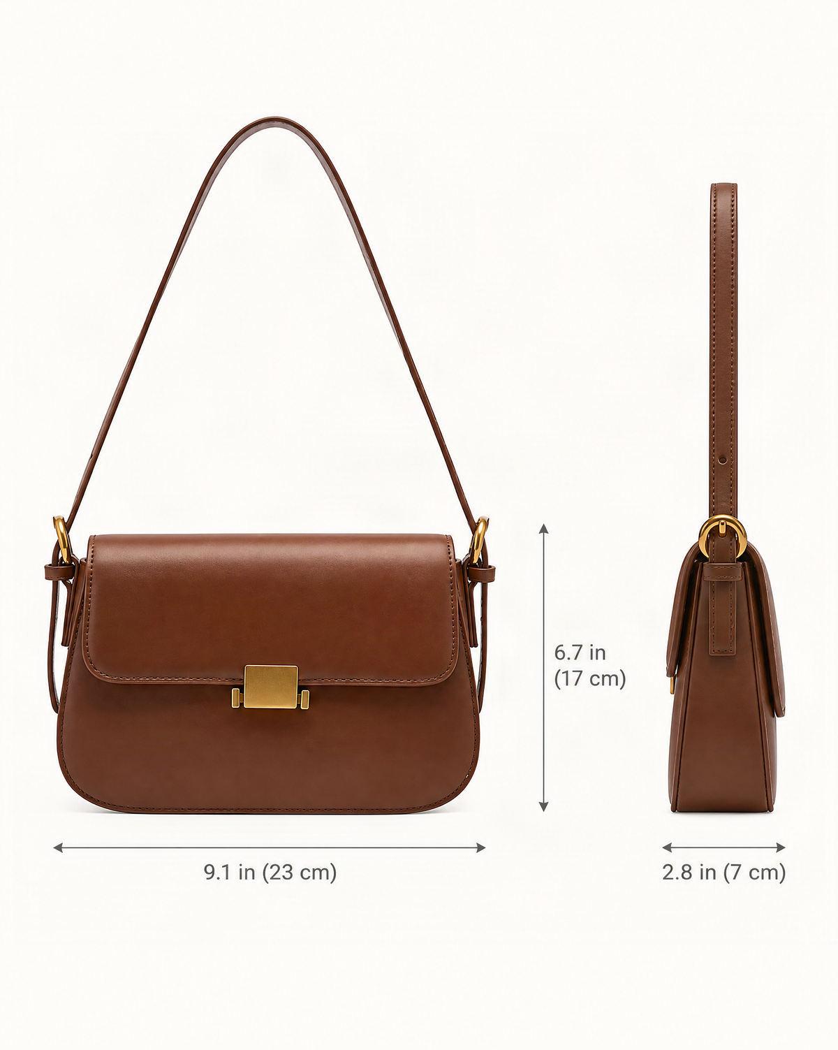 Cowhide Leather Small Shoulder Bag dimensions diagram, in inches and centimetres