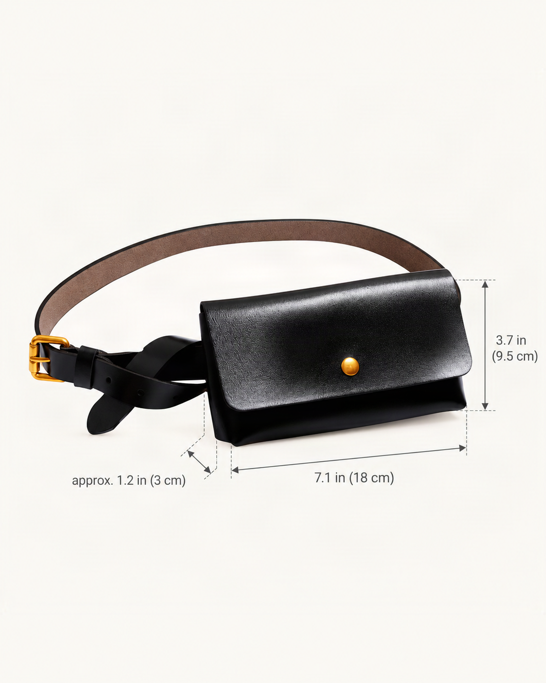 Split Leather Belt Bag dimensions diagram, in inches and centimetres