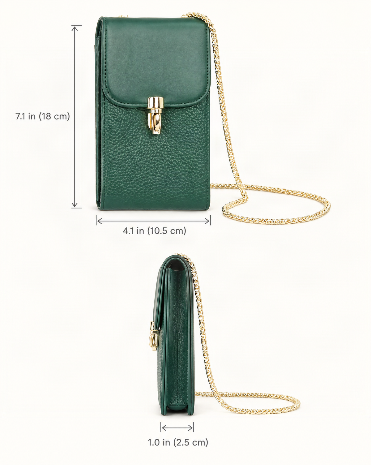 Cowhide Vertical Phone Crossbody Bag dimensions diagram, in inches and centimetres