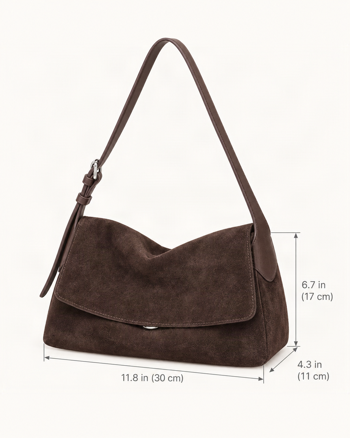 Suede Leather Small Plus Shoulder Bag – Color Options dimensions diagram, in inches and centimetres