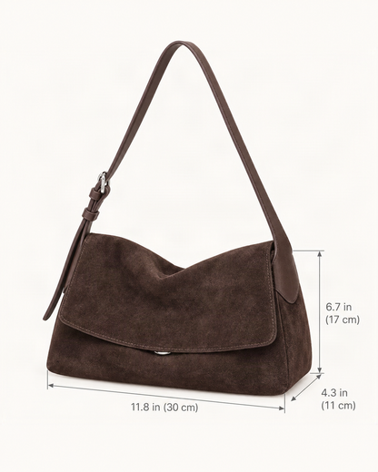 Suede Leather Small Plus Shoulder Bag – Color Options dimensions diagram, in inches and centimetres