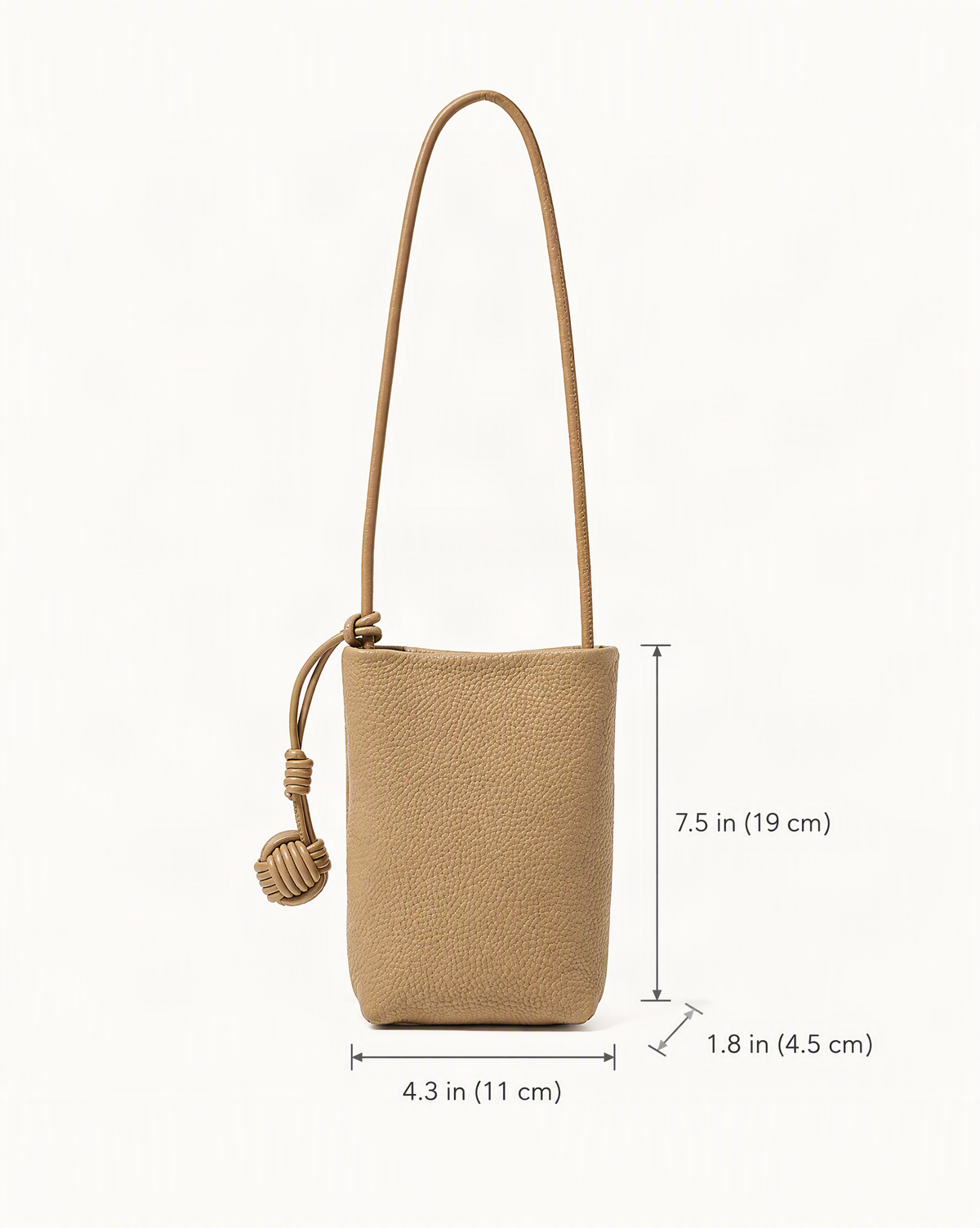 Cowhide Leather Micro Bucket Phone Crossbody Bag dimensions diagram, in inches and centimetres