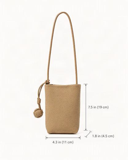Cowhide Leather Micro Bucket Phone Crossbody Bag dimensions diagram, in inches and centimetres