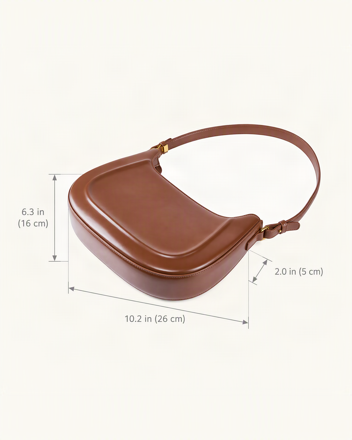 Cowhide Leather Shoulder Bag, Underarm Crossbody dimensions diagram, in inches and centimetres