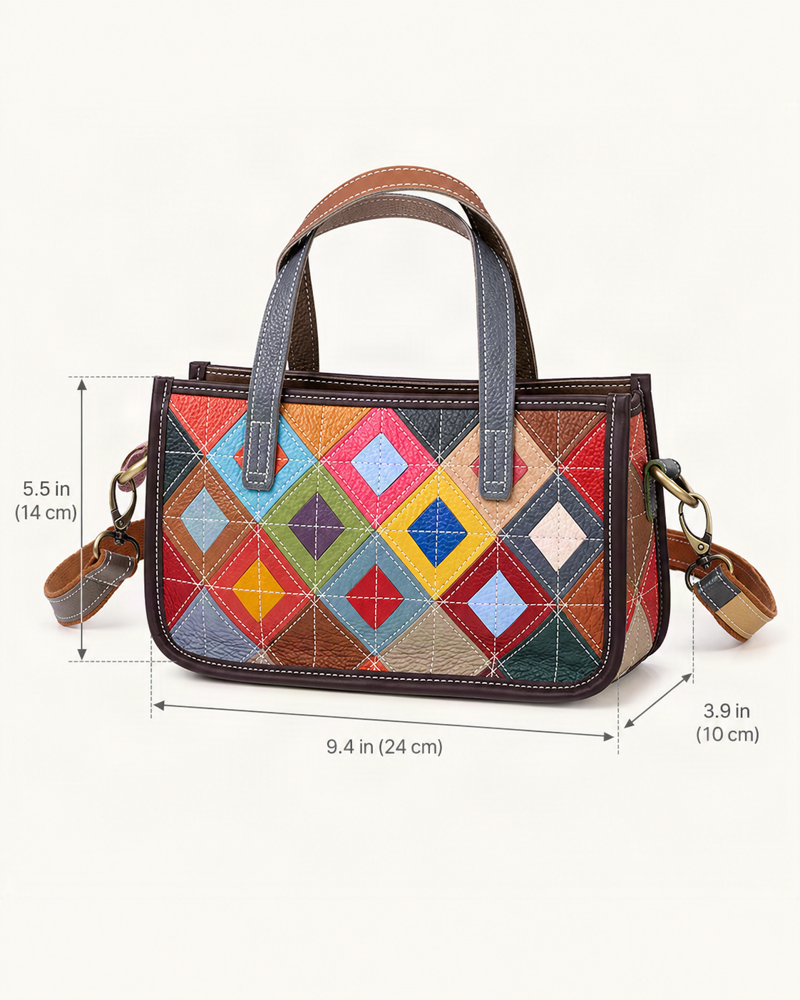 Top-Grain Cowhide Small Shoulder Bag – Multicolor dimensions diagram, in inches and centimetres