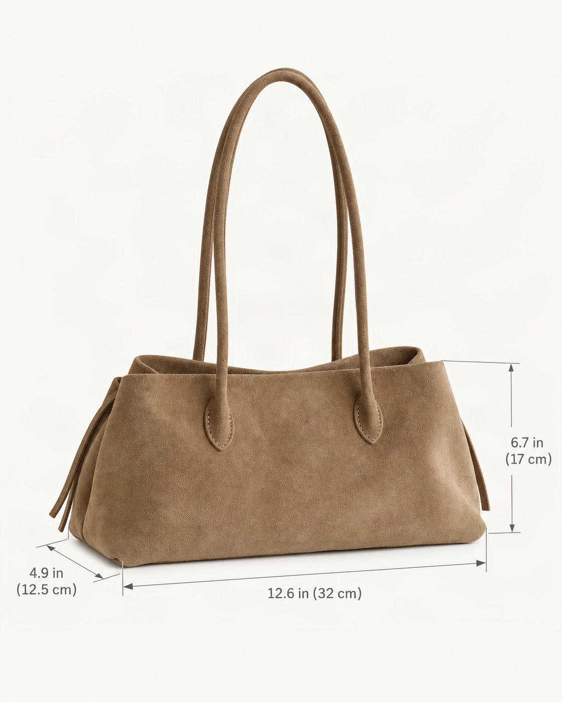 Top-Grain Nubuck Cowhide Shoulder Tote dimensions diagram, in inches and centimetres