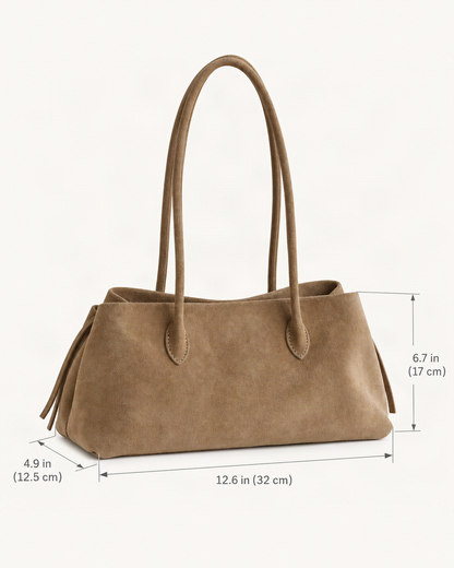 Top-Grain Nubuck Cowhide Shoulder Tote dimensions diagram, in inches and centimetres