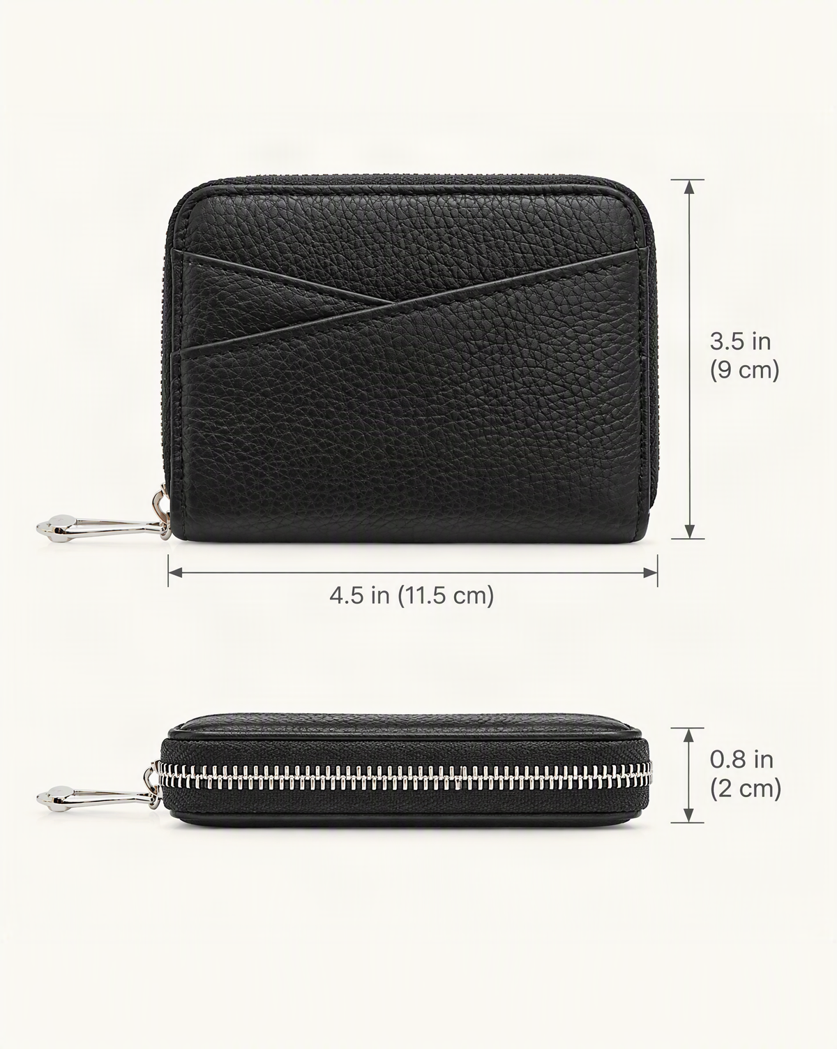 Genuine Leather Coin Purse with RFID Blocking Card Slots dimensions diagram, in inches and centimetres