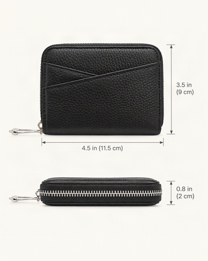 Genuine Leather Coin Purse with RFID Blocking Card Slots dimensions diagram, in inches and centimetres