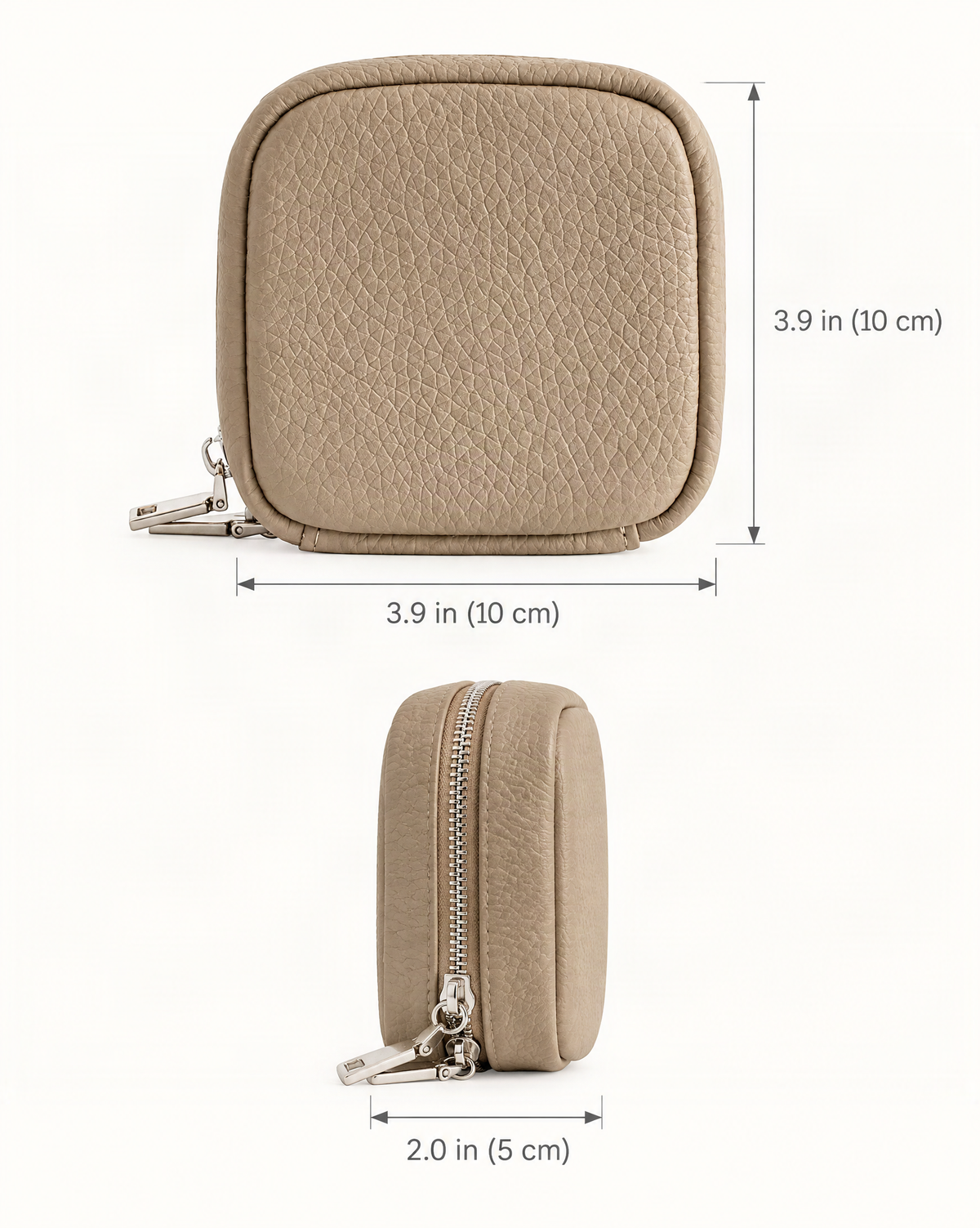 Pebbled Leather Mini Cosmetic Pouch dimensions diagram, in inches and centimetres
