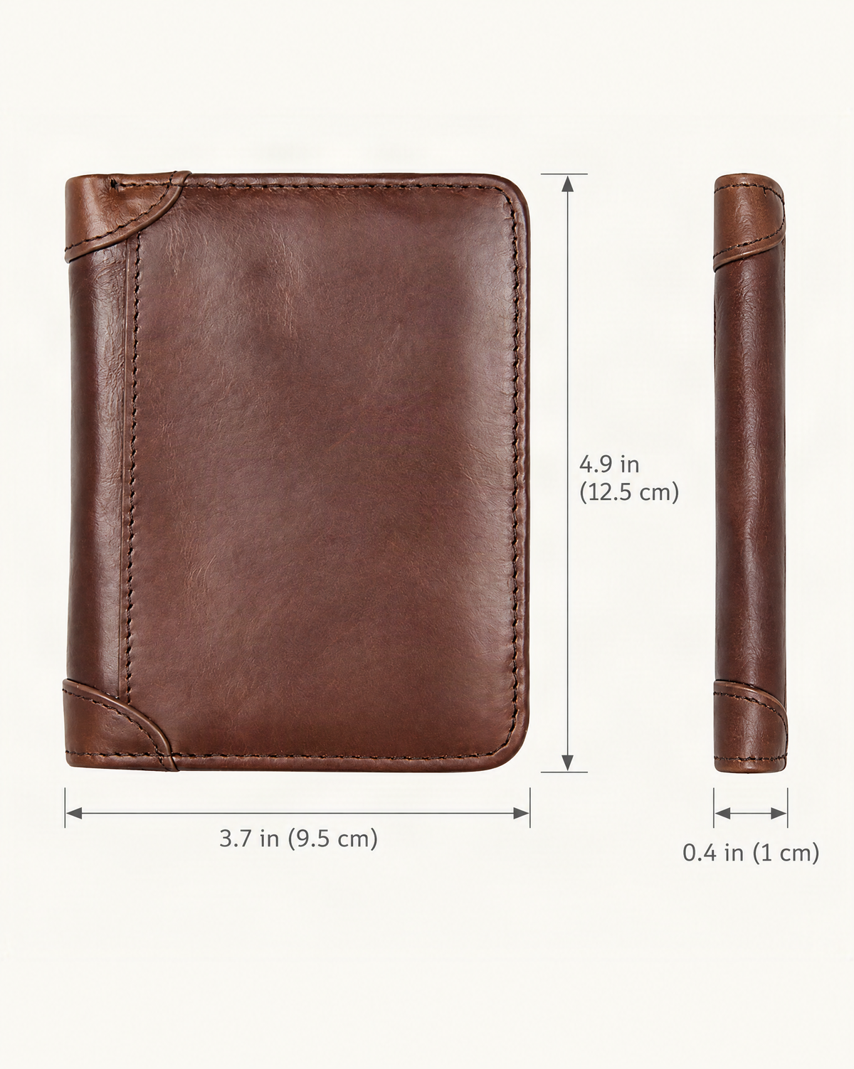 Cowhide Leather Bifold RFID-Blocking Wallet dimensions diagram, in inches and centimetres