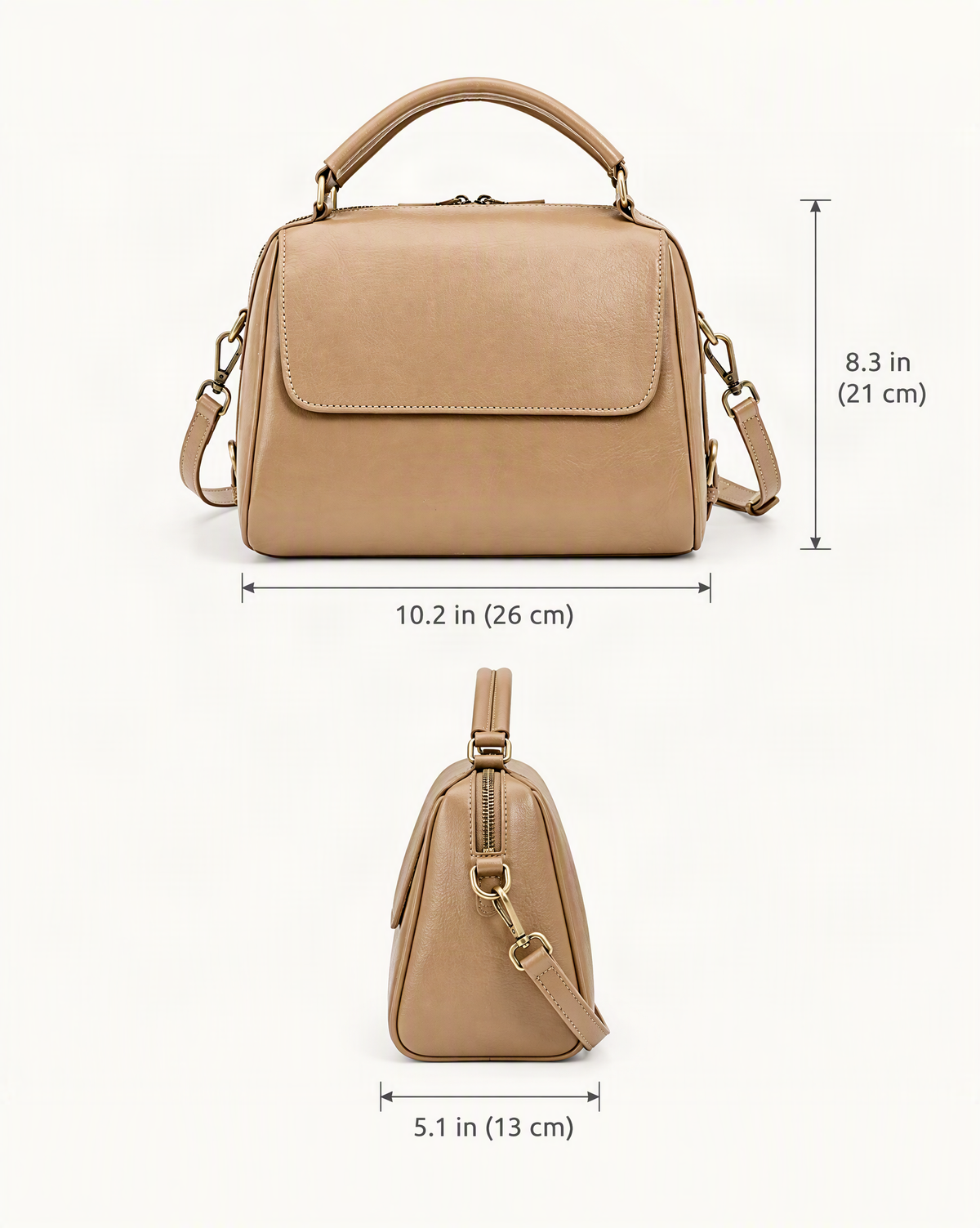 Cowhide Leather Boston Shoulder Bag dimensions diagram, in inches and centimetres