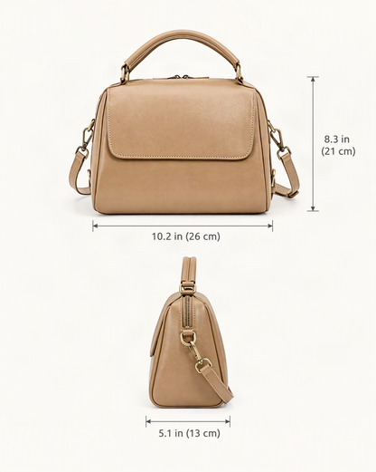 Cowhide Leather Boston Shoulder Bag dimensions diagram, in inches and centimetres