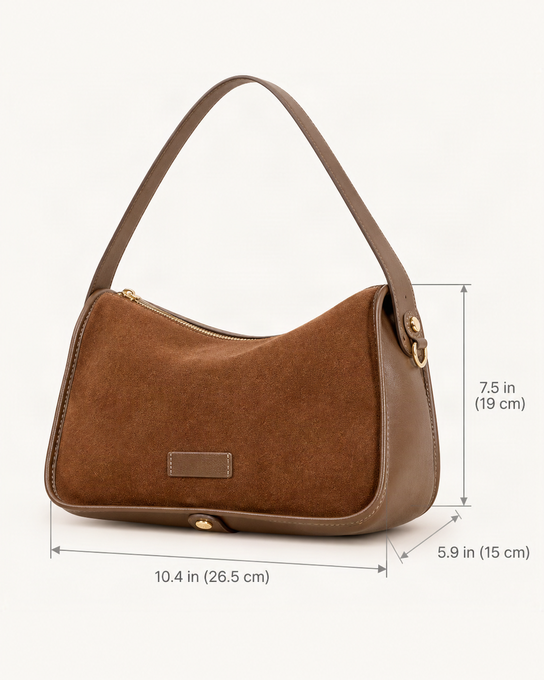 Suede Cowhide Small Crossbody Bag dimensions diagram, in inches and centimetres