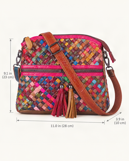 Cowhide Small Plus Crossbody Bag dimensions diagram, in inches and centimetres