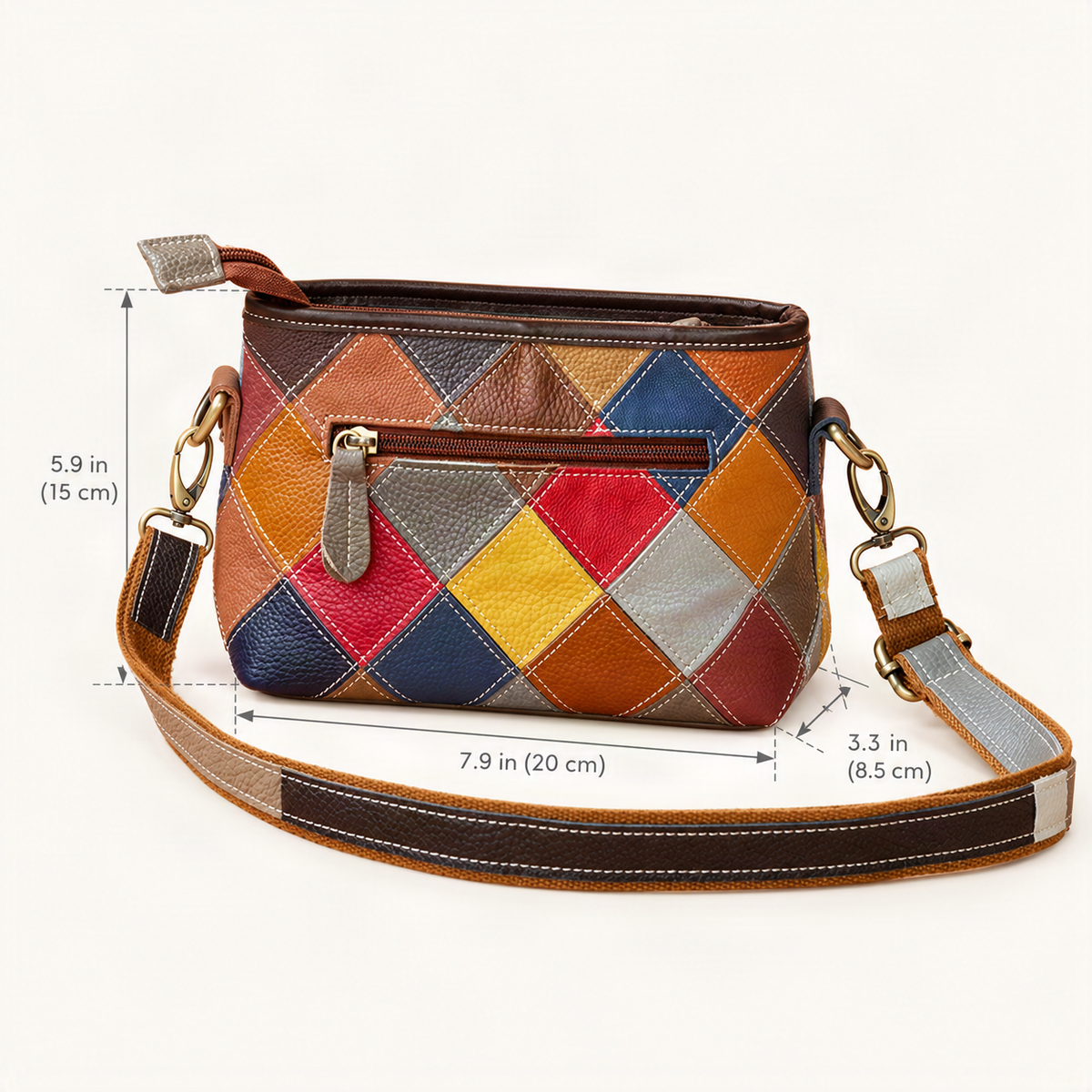 Top-Grain Cowhide Patchwork Shoulder Crossbody Bag dimensions diagram, in inches and centimetres