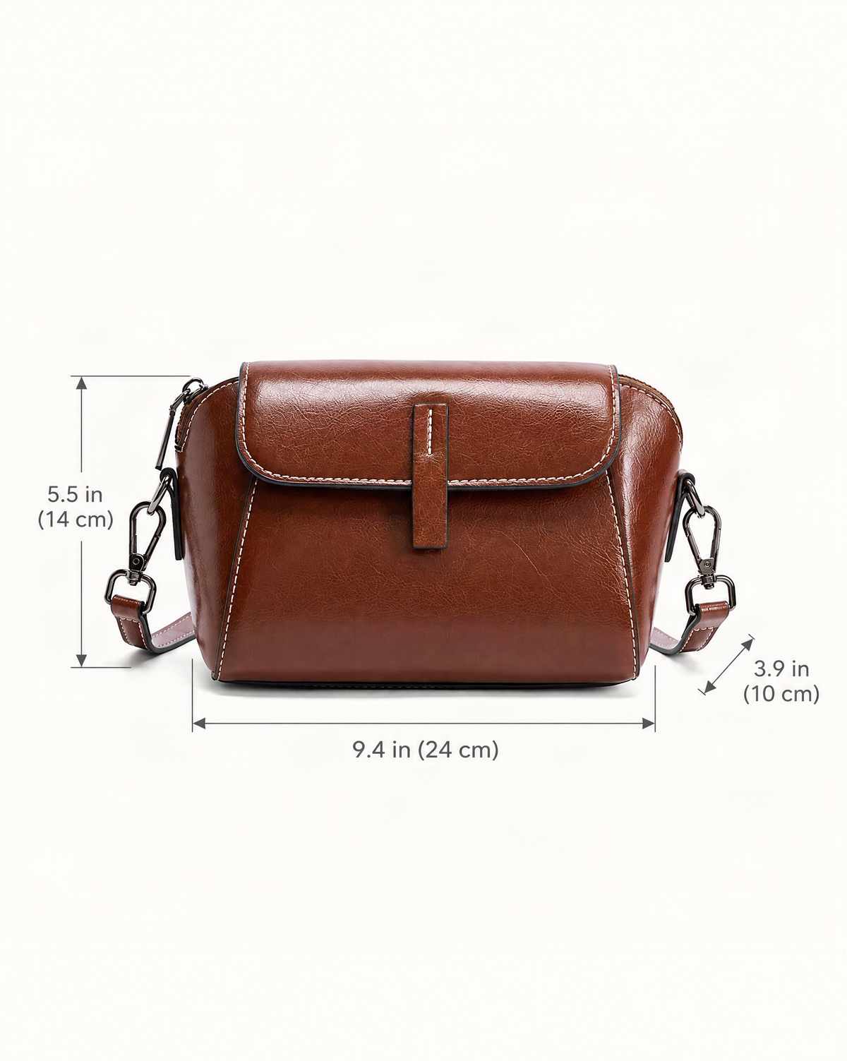 Cowhide Leather Small Crossbody Bag dimensions diagram, in inches and centimetres