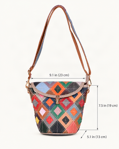 Top-Grain Cowhide Patchwork Bucket Crossbody Bag dimensions diagram, in inches and centimetres
