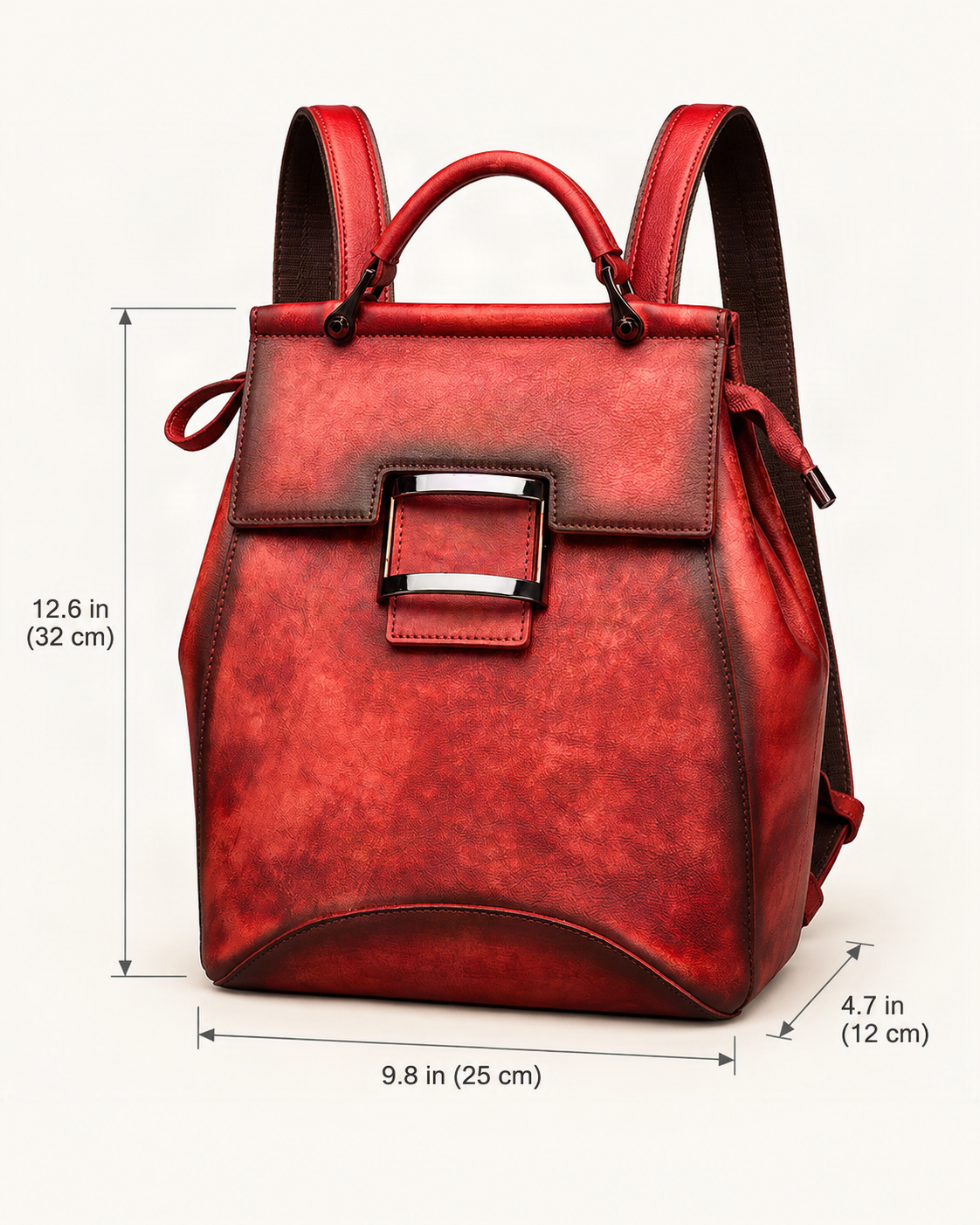 Top-Grain Cowhide Convertible Backpack – Color Options dimensions diagram, in inches and centimetres