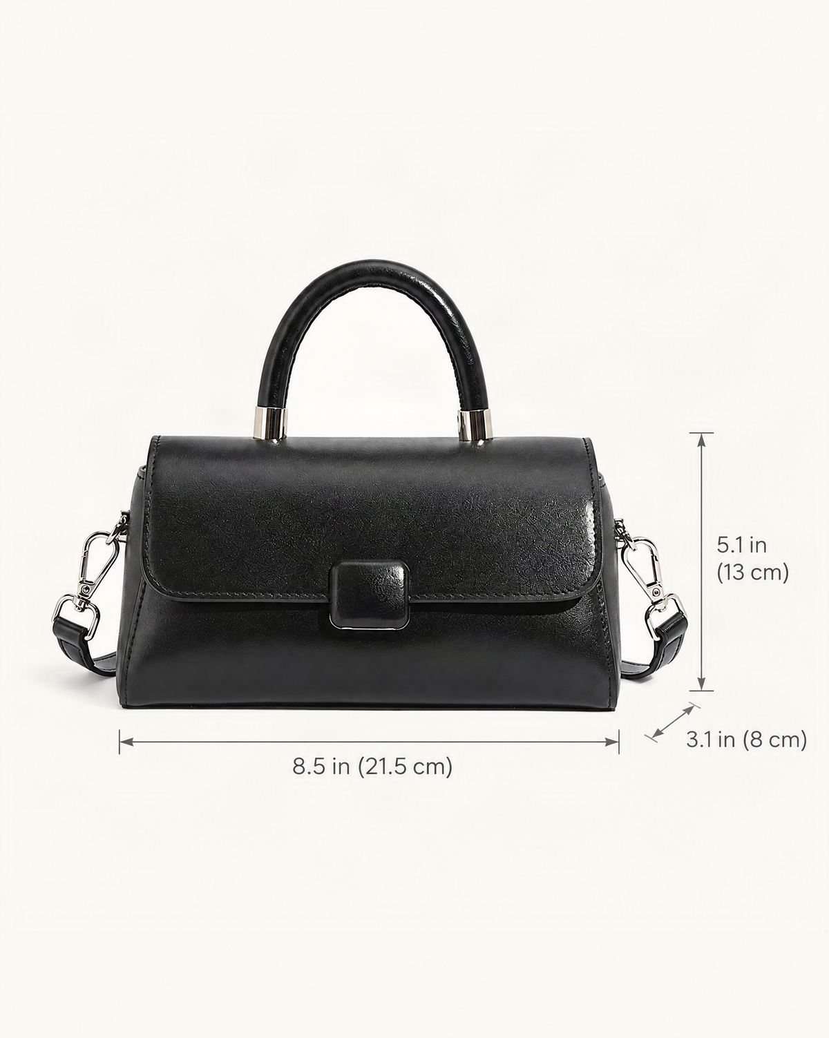 Cowhide Leather Small Top-Handle Crossbody Bag dimensions diagram, in inches and centimetres