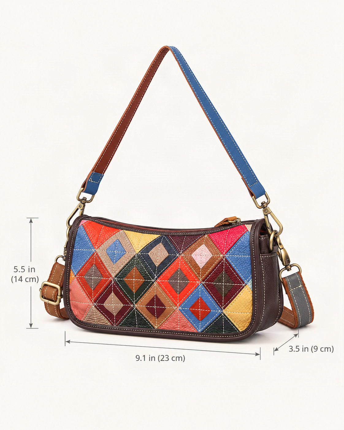 Top-Grain Cowhide Geometric Patchwork Shoulder Bag dimensions diagram, in inches and centimetres