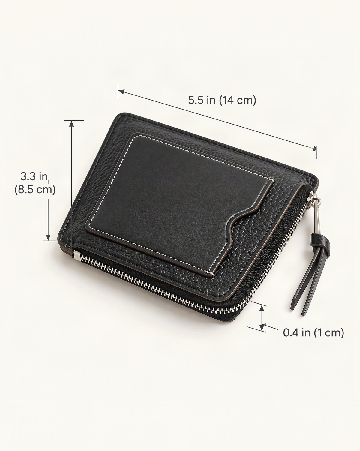 Cowhide Mini Card Holder Wallet w Zip Coin Pocket dimensions diagram, in inches and centimetres