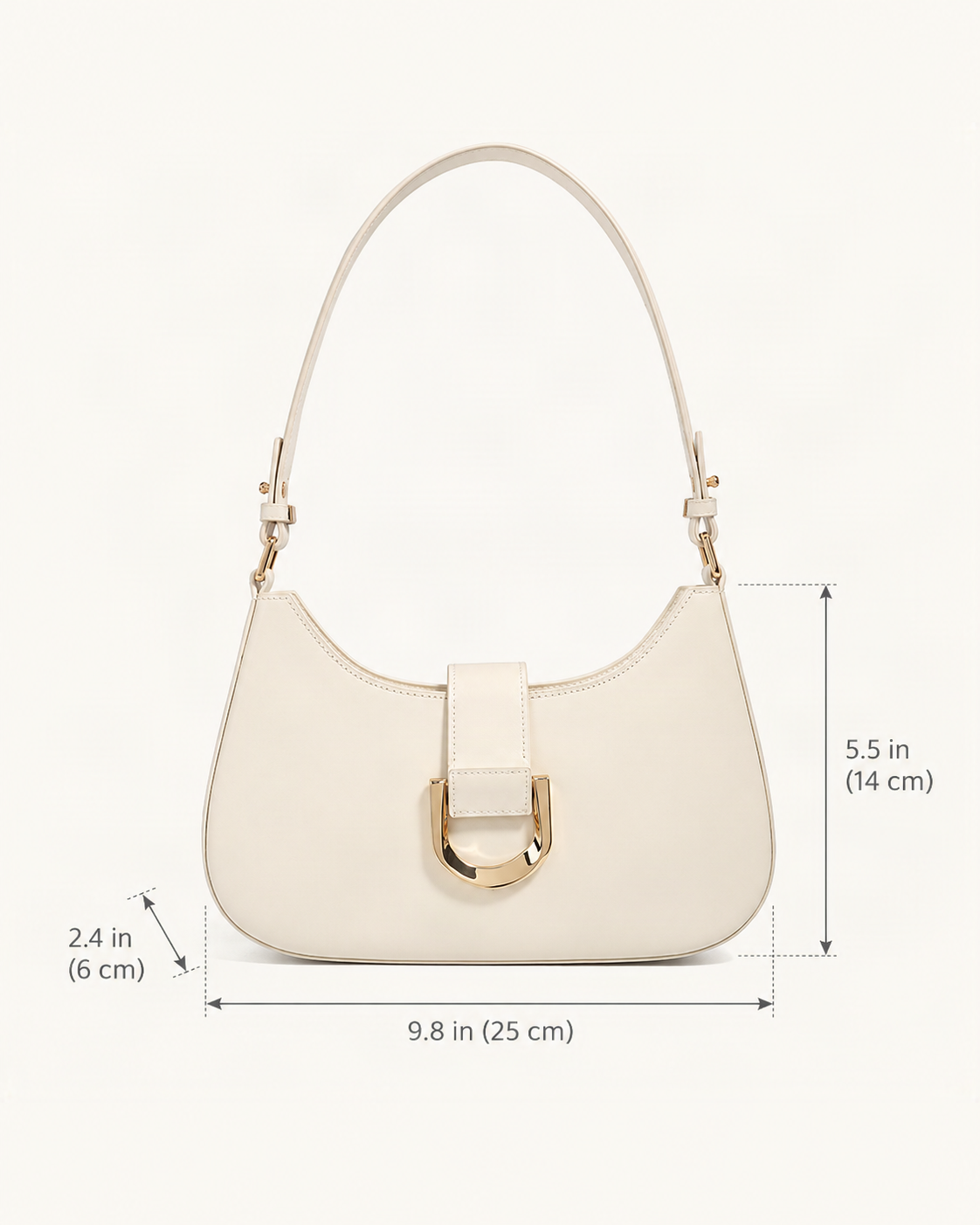 Fitted Small Cowhide Leather Shoulder Bag with Buckle dimensions diagram, in inches and centimetres